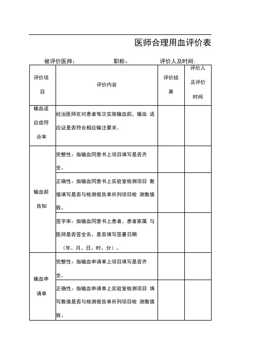 临床医师合理用血评价表