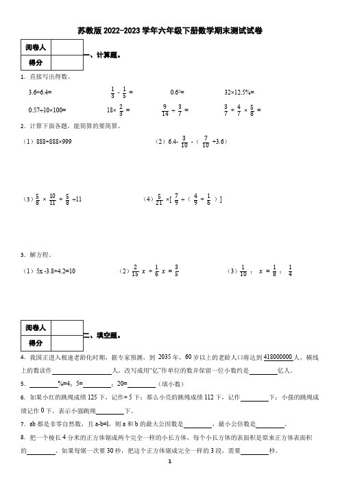 苏教版2022-2023学年六年级下册数学期末测试试卷(含答案)9