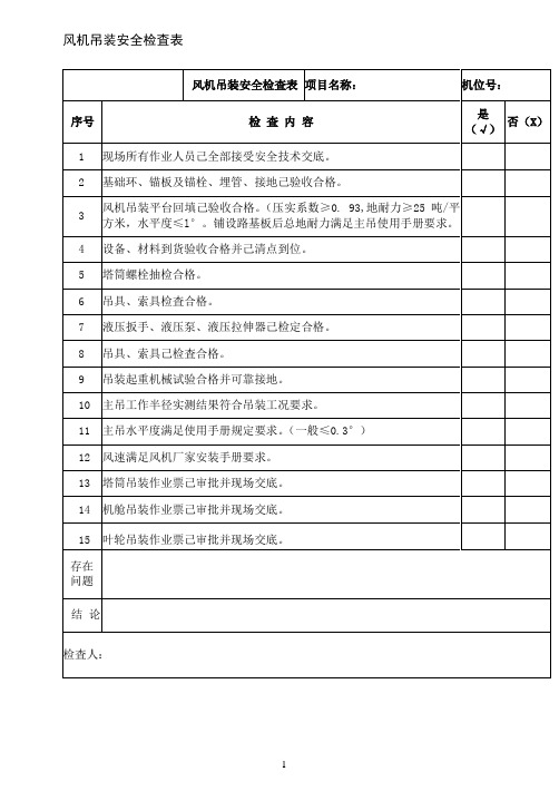 风机吊装安全检査表