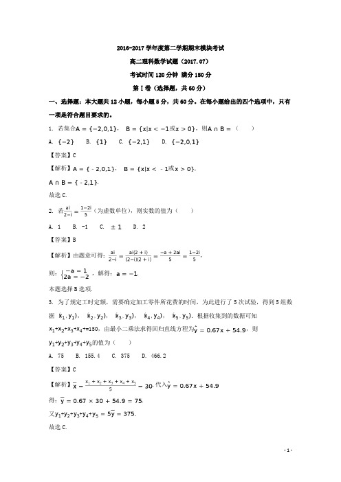 2016-2017学年山东省济南外国语学校三箭分校高二下学期期末考试数学(理)试题 解析版