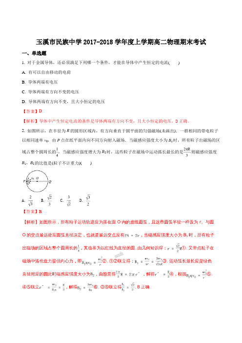 云南省玉溪市民族中学2017-2018学年度高二上学期期末考试物理试题(解析版)