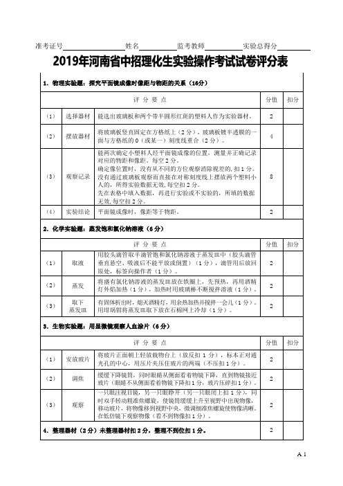 2019初中理化生实验操作考试A-评分卡