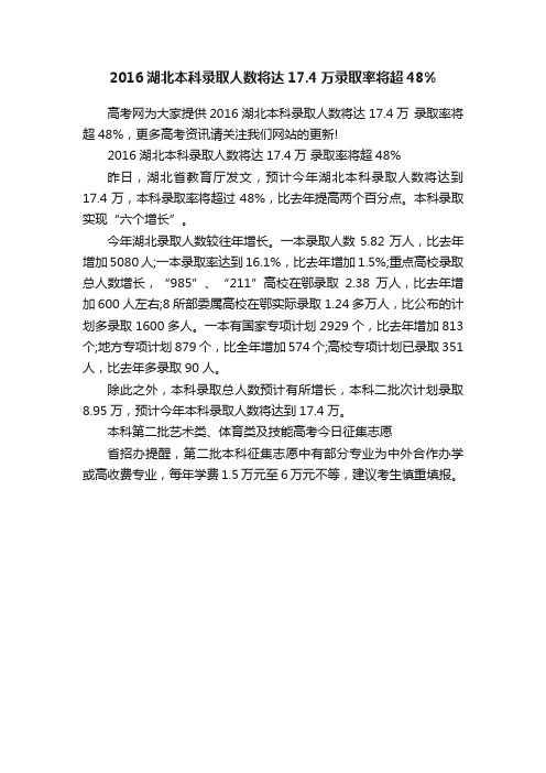 2016湖北本科录取人数将达17.4万录取率将超48%