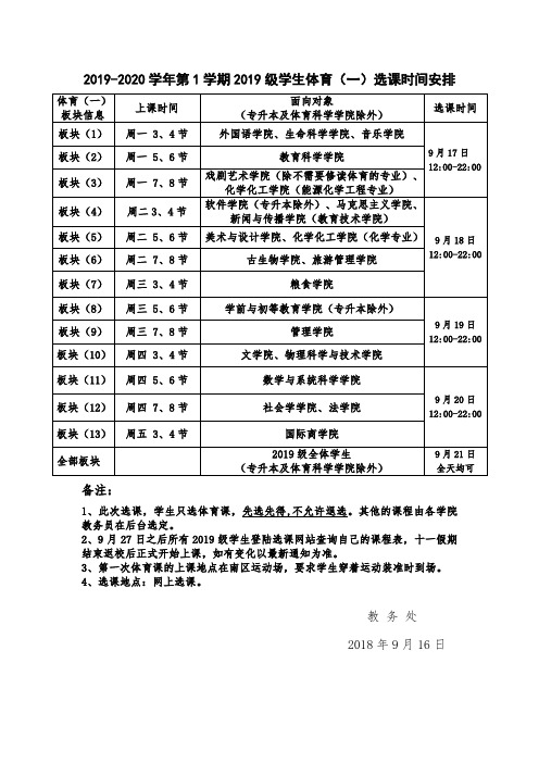 2010-2011学年第1学期2010级学生体育(一)选课时间安排