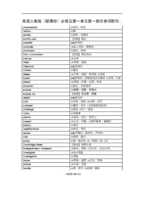 人教版英语(新课标)必修五第一单元第一部分单词默写