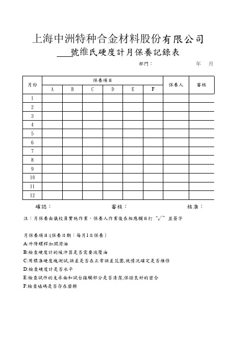 洛氏硬度计保养记录表