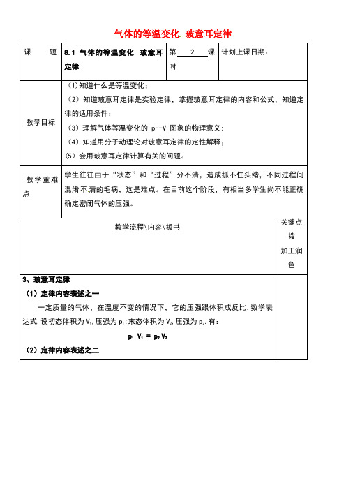 江苏省沭阳县潼阳中学高中物理8.1气体的等温变化玻意耳定律(第2课时)教学案新人教版选修3-3