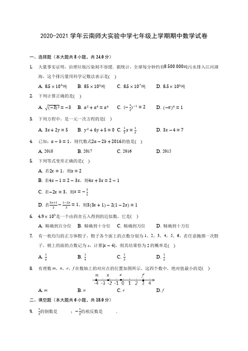 2020-2021学年云南师大实验中学七年级上学期期中数学试卷(含解析)