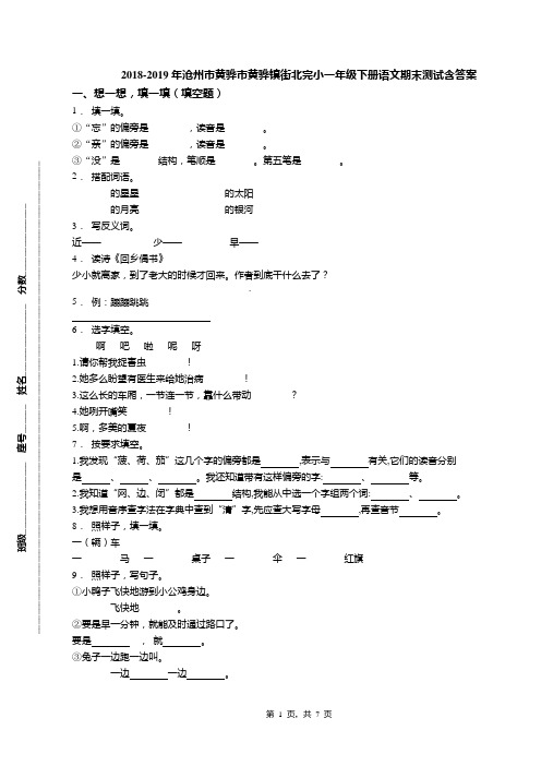 2018-2019年沧州市黄骅市黄骅镇街北完小一年级下册语文期末测试含答案