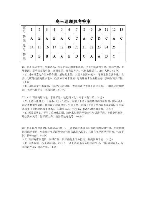 湖南省重点高中2019届高三上学期11月大联考地理答案(PDF版)