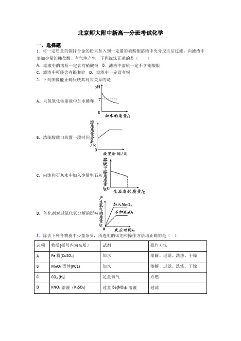 北京师大附中新高一分班考试化学