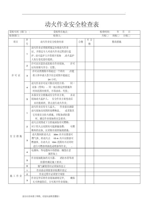 动火作业安全检查表(最新版)