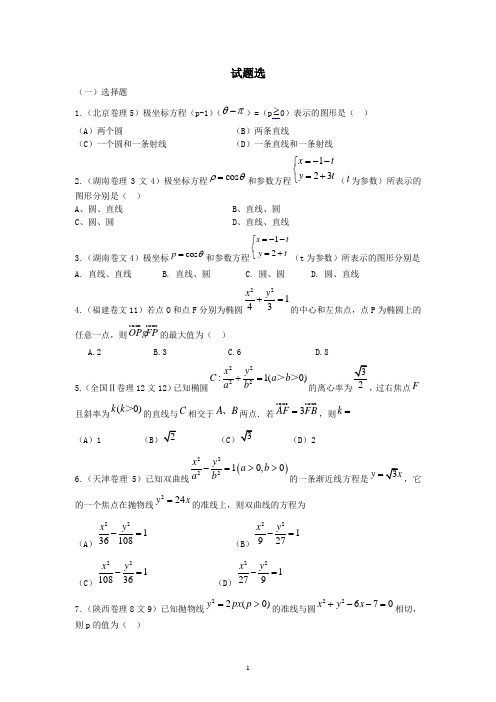 高考试题选(圆锥曲线极坐标参数方程)