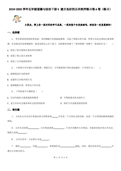 2019-2020学年五年级道德与法治下册5 建立良好的公共秩序练习卷A卷(练习)