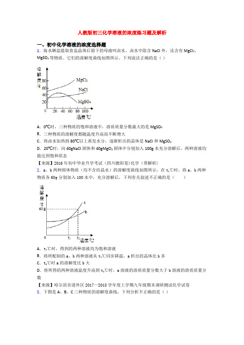 人教版初三化学溶液的浓度练习题及解析