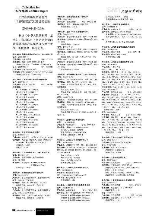 上海市质量技术监督局计量器具型式批准证书公报