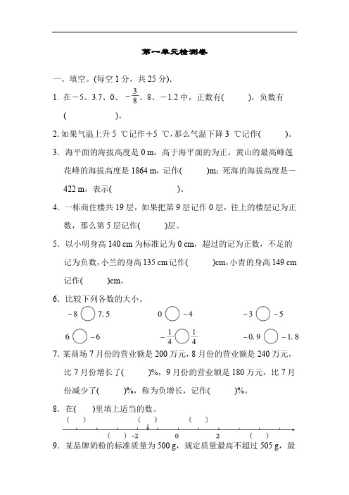 人教版六年级下册数学第一单元负数测试卷两套