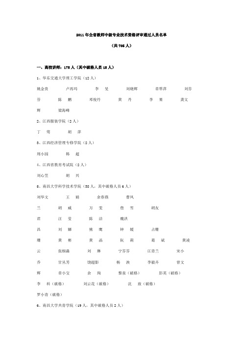 2011年全省教师中级专业技术资格评审通过人员名单