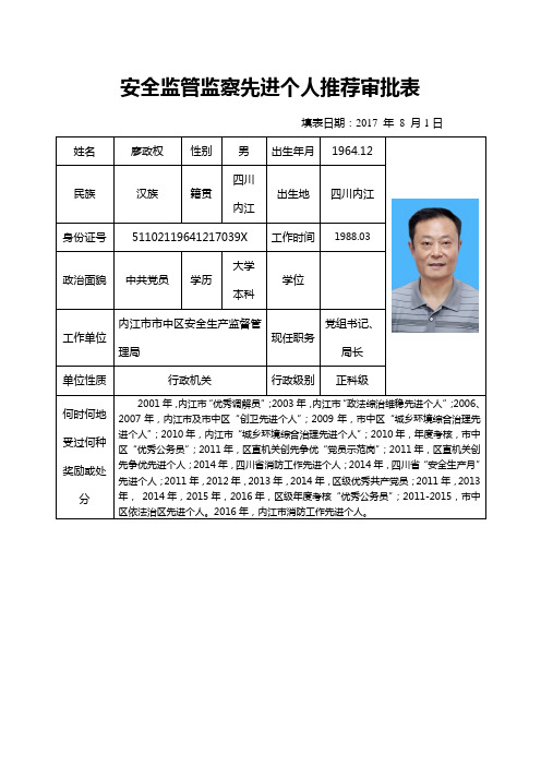 安全监管监察先进个人推荐审批表