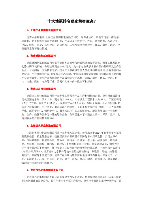 十大油泵排名哪家精密度高?