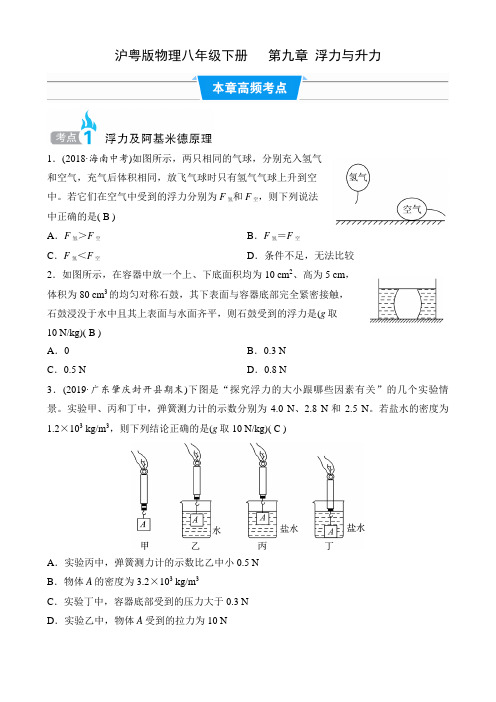 沪粤版物理八年级下册课时练   第九章 浮力与升力  本章高频考点