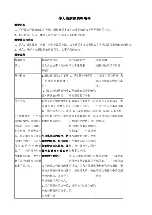 初中语文(上海沪教五四制)七年级下册《21使人伤脑筋的鸭嘴兽》word教案