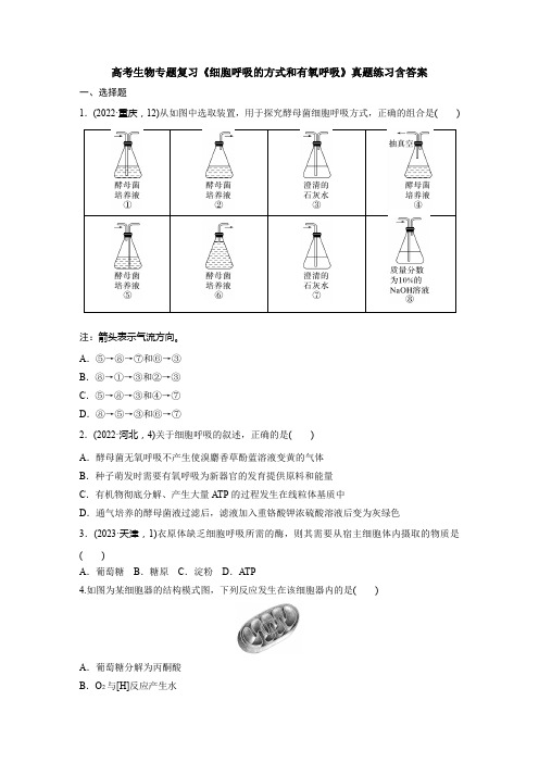 高考生物专题复习《细胞呼吸的方式和有氧呼吸》真题练习含答案