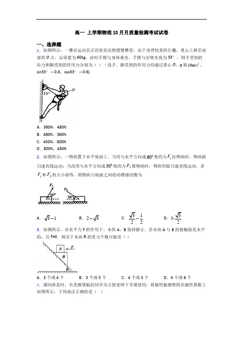 高一 上学期物理10月月质量检测考试试卷