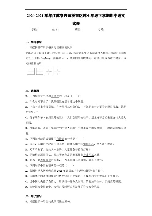 江苏泰兴黄桥东区域七年级下学期期中语文试卷