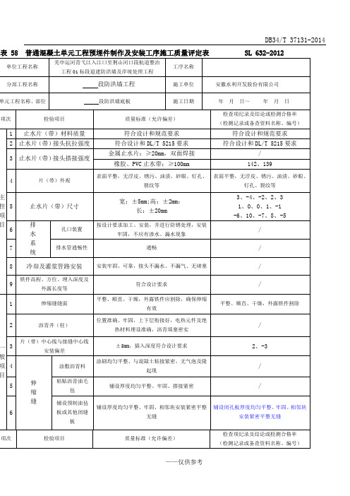 预埋件制作及安装工序施工质量验收评定表