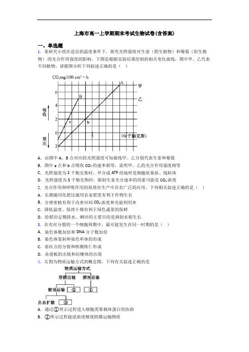 上海市高一上学期期末考试生物试卷(含答案)