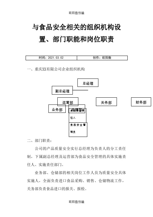 与食品安全相关的组织机构设置、部门职能和岗位职责之欧阳数创编