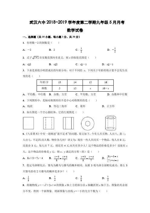 湖北省武汉六中2018-2019学年度第二学期九年级5月月考数学试卷