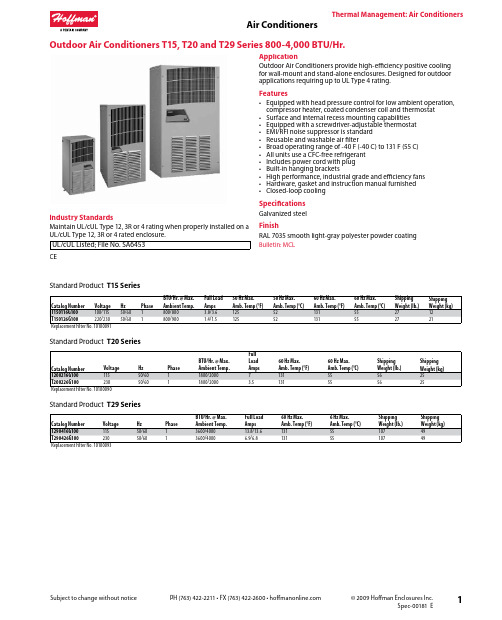  Hoffman Enclosures 机械室内外冷却器说明 说明书