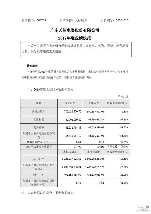 天际股份:2019年度业绩快报