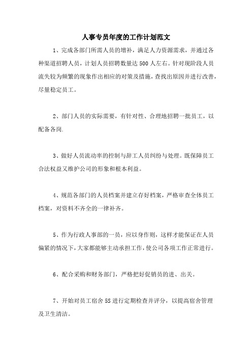 2020年人事专员年度的工作计划范文