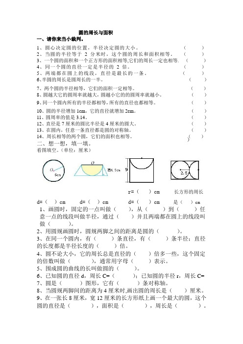 人教版小学六年级数学圆的周长与面积习题