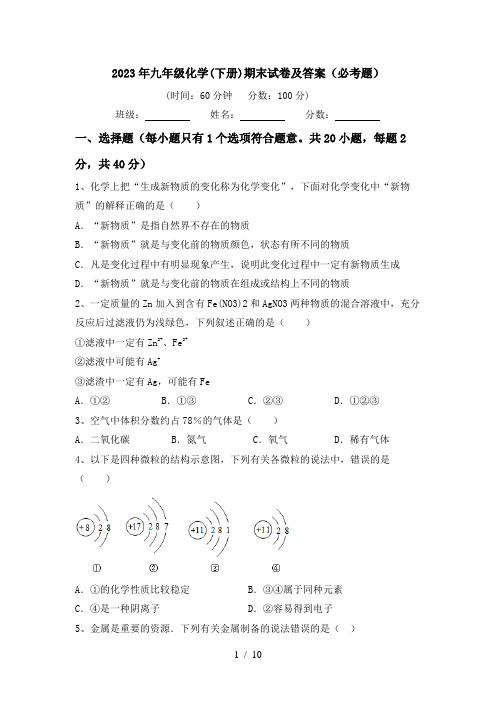 2023年九年级化学(下册)期末试卷及答案(必考题)