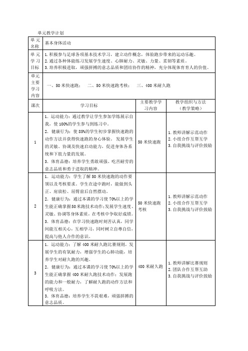 小学体育与健康六年级上基本身体活动单元教学计划