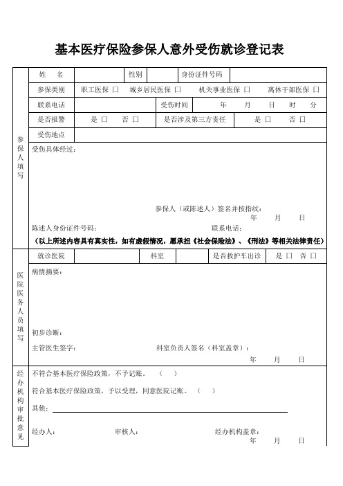 基本医疗保险参保人意外受伤就诊登记表