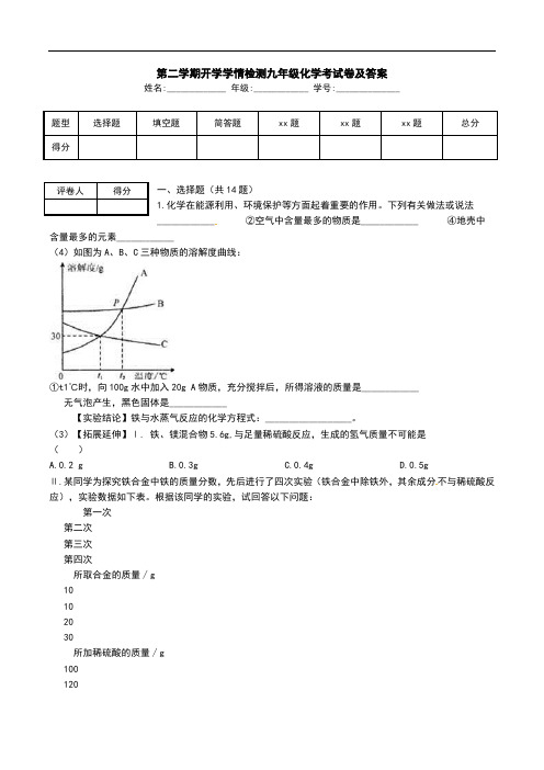 第二学期开学学情检测九年级化学考试卷及答案.doc