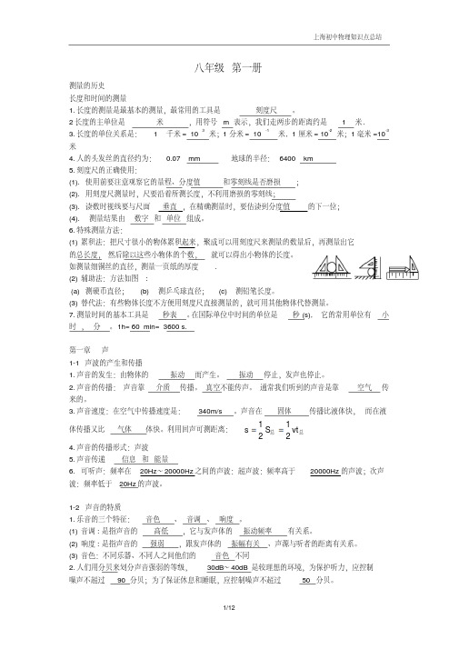 初中物理各章考点明细表