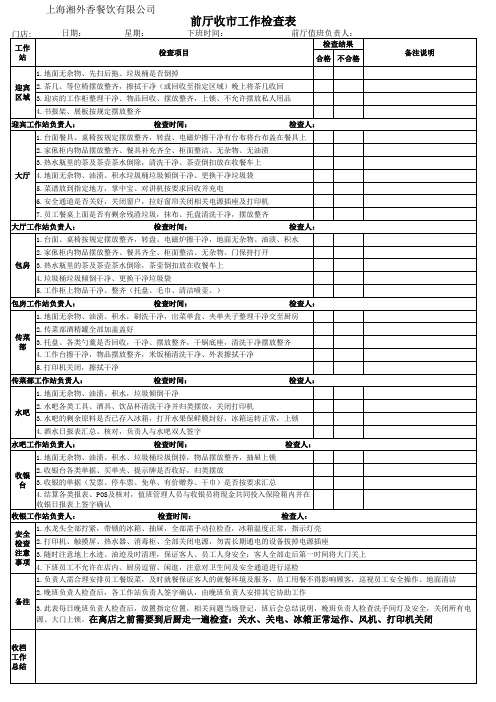 前厅开市、收市工作检查表