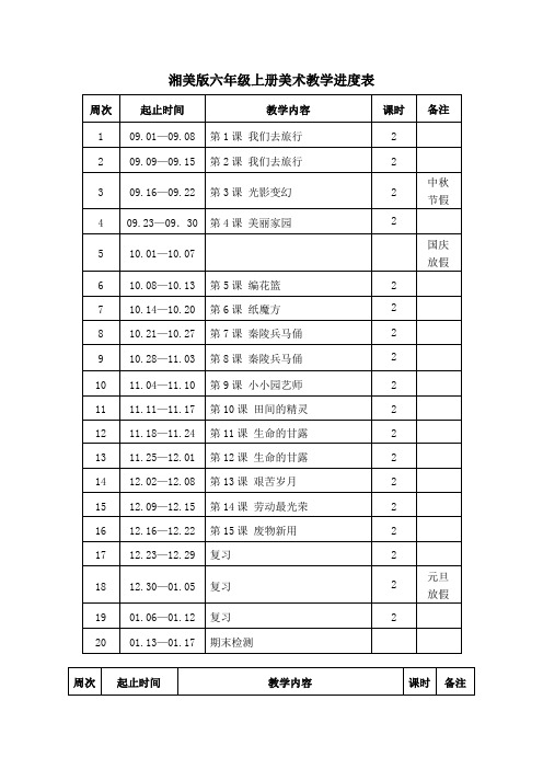 湘美版六年级上册美术教学进度表