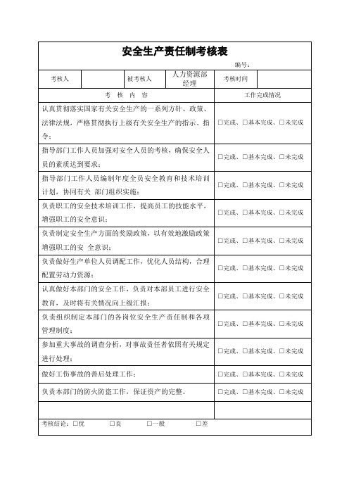 人力资源部经理安全生产责任制考核表