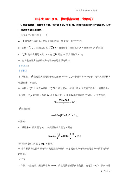 山东省2021届高三物理模拟试题(含解析).doc