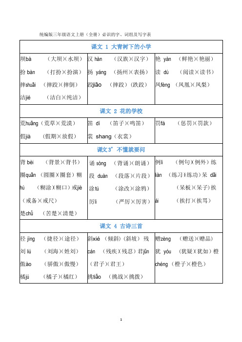 统编版三年级语文上册(全册)必识的字、词组及写字表