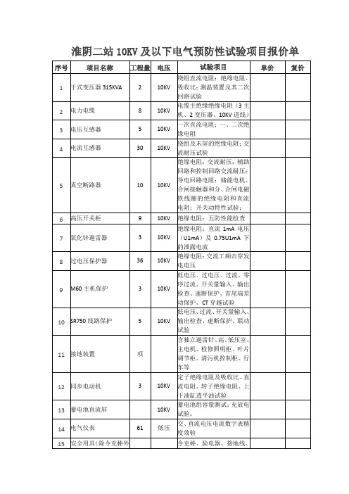 淮阴二站10KV及以下电气预防性试验项目报价单