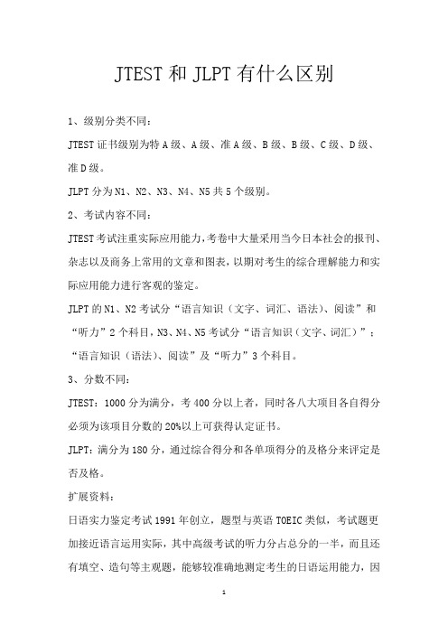 JTEST和JLPT有什么区别