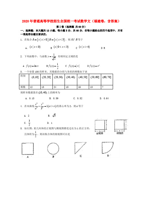 2020年普通高等学校招生全国统一考试数学文(福建卷,含答案)